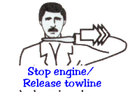 Stop engine/release tow rope.